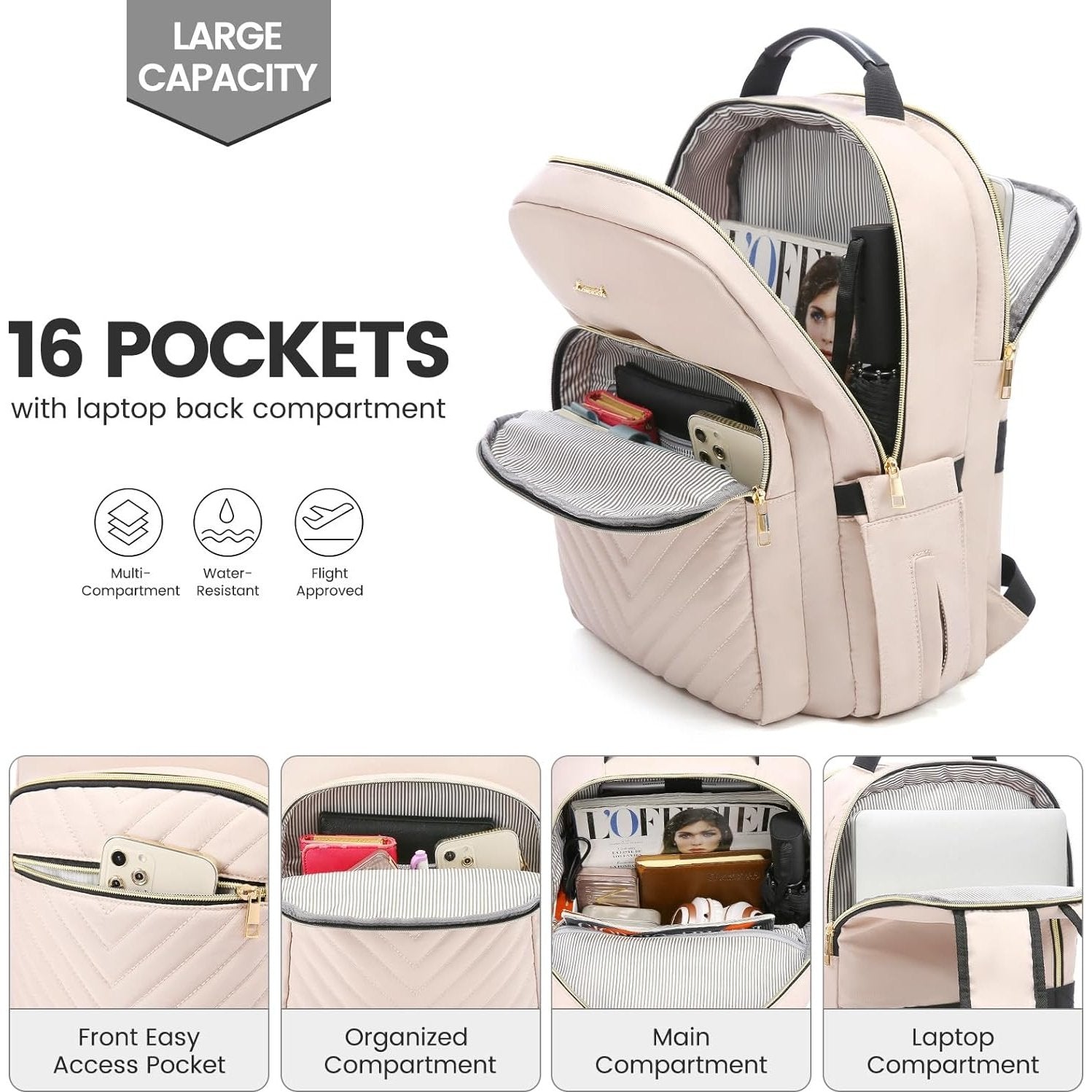 Lovevook - Laptop Backpack For Women 15.6 Inch, Waterproof With USB Port, Nude