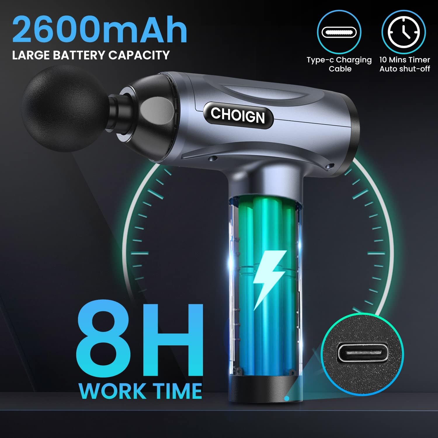 Choign - 30-Speed Deep Tissue Massage Gun with 8 Heads