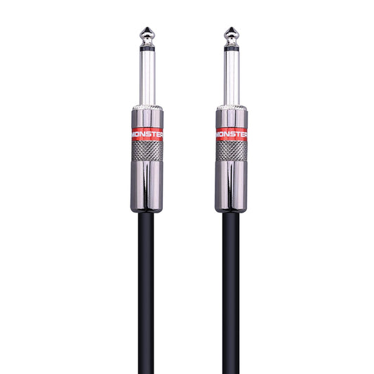 Image of a Monster Prolink Classic Speaker Cable featuring 1/4-inch plugs, showcasing its Duraflex outer jacket for durability and flexibility in handling. The cable is designed for superior signal transfer, minimizing noise and static, ideal for music professionals.