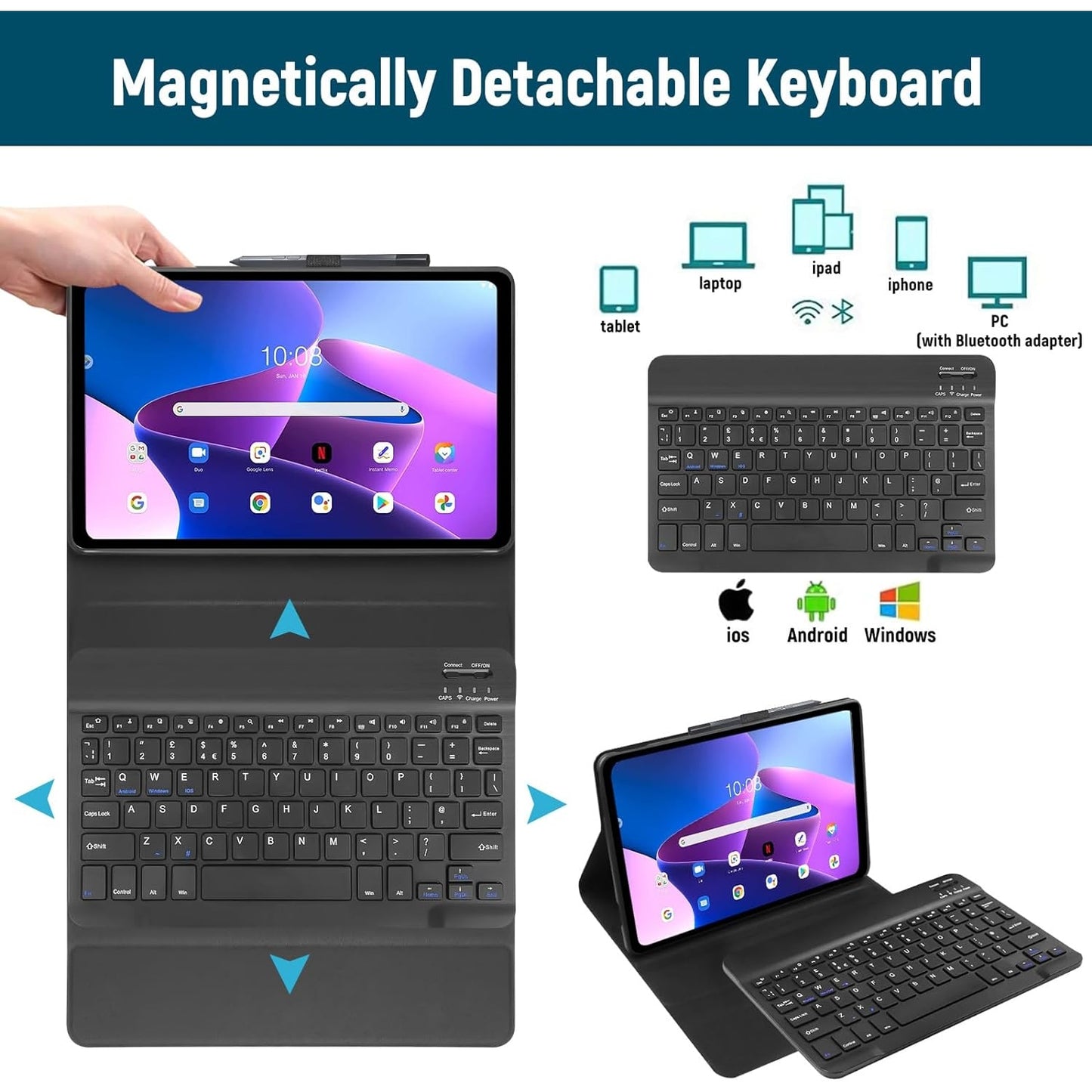 Lielax - Lenovo Tab M10 Plus 3rd Gen 10.6'' Case With Bluetooth Keyboard (UK Layout), Black