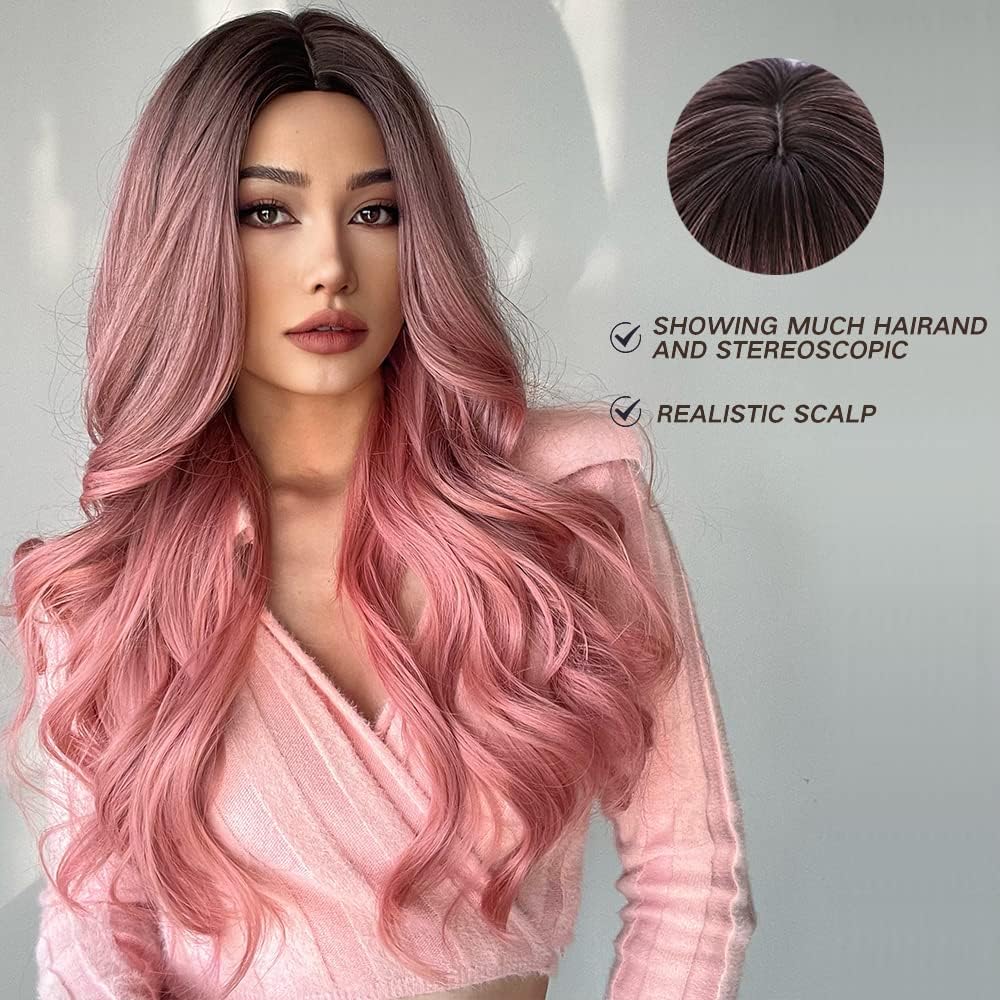 Esmee - 24" Pink Heat-Resistant Synthetic Long Wavy Wig For Women