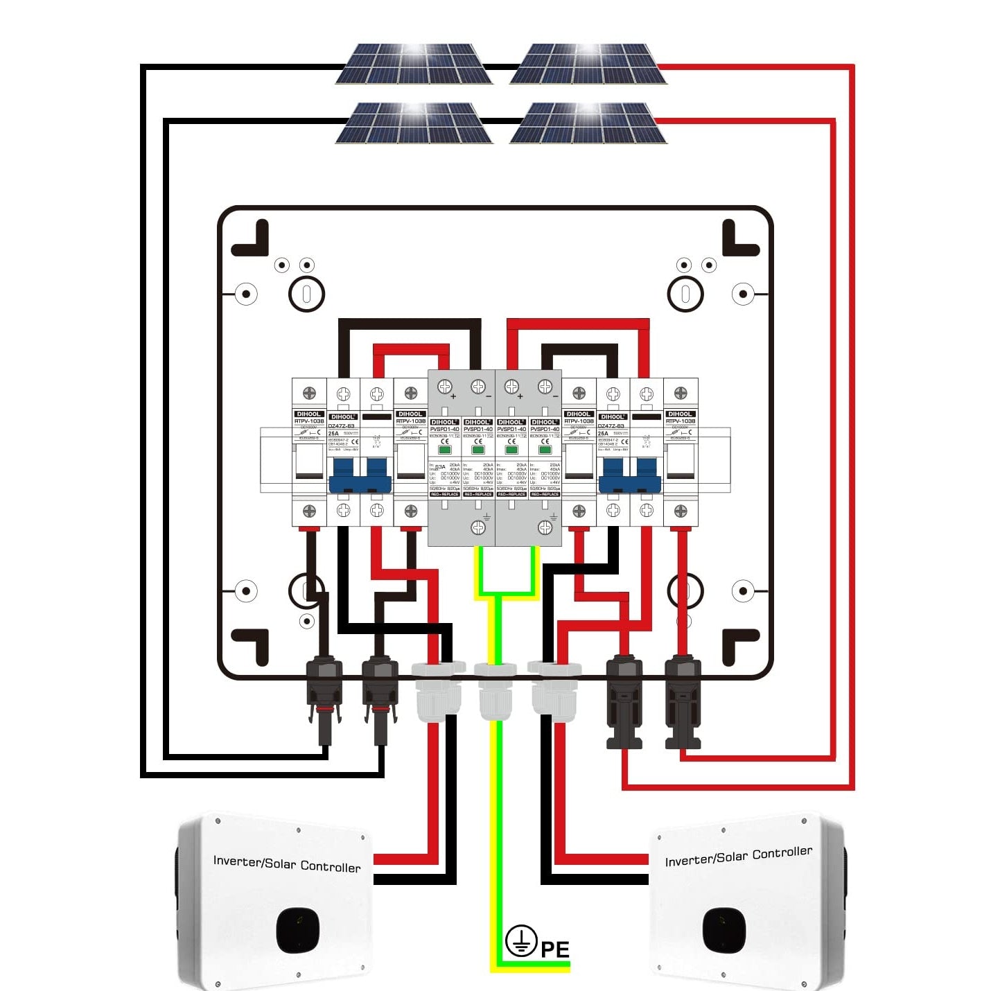 Dihool - Pv Solar Combiner Box 2 String 25A Junction Box Dc500V