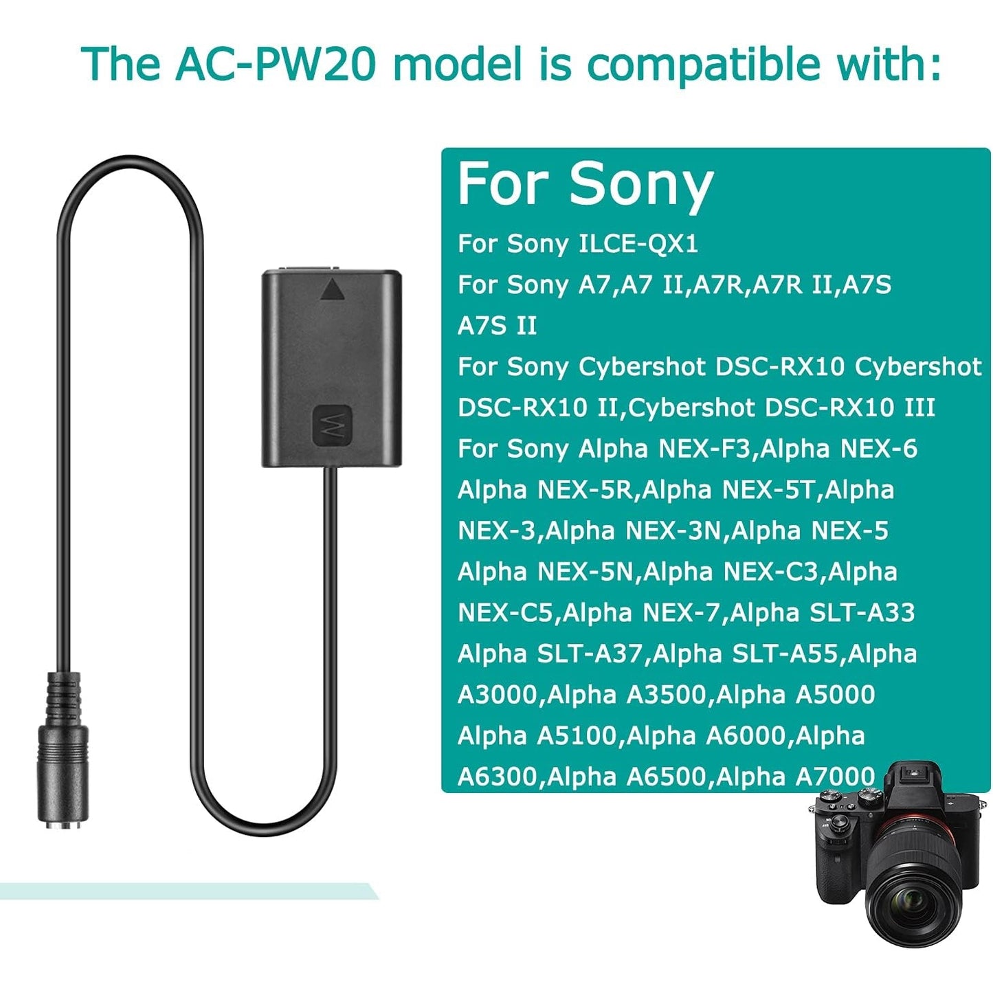 Pilote - NP-FW50 Dummy Battery + USB Cable for Sony NEX & Alpha Series