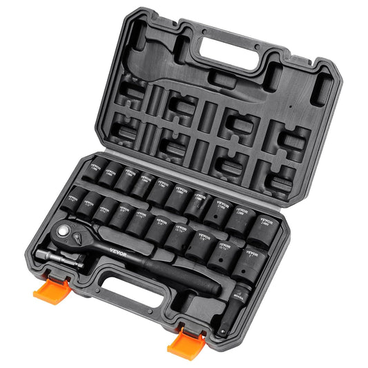 23-piece VEVOR alloy steel socket set featuring a hexagonal drive system, polished finish, and includes standard metric and SAE sockets, an extension bar, ratchet wrench, adapter, and metal toolbox for storage.