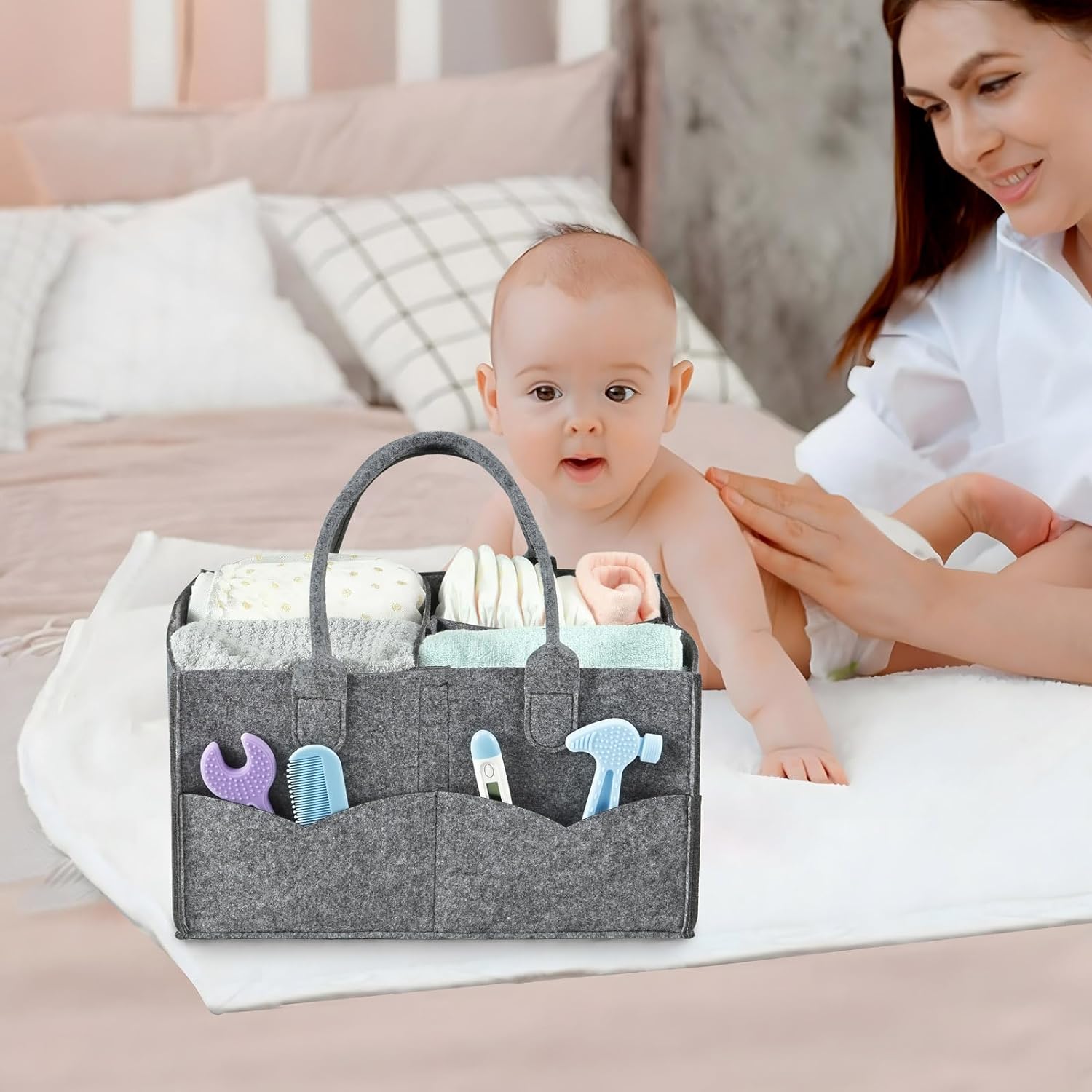 Pandaear - Baby Diaper Caddy Organizer, Portable Travel Nursery Basket