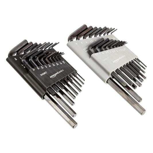 Set of 36 black hex keys made from chrome vanadium steel, featuring a durable black oxide finish and including both SAE and metric sizes for various applications.