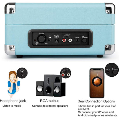 1 By One - Bluetooth Record Player 3-Speed Portable Turntable With Speakers, Turquoise-111-1703-Z9-4596-B00XVJLYPW