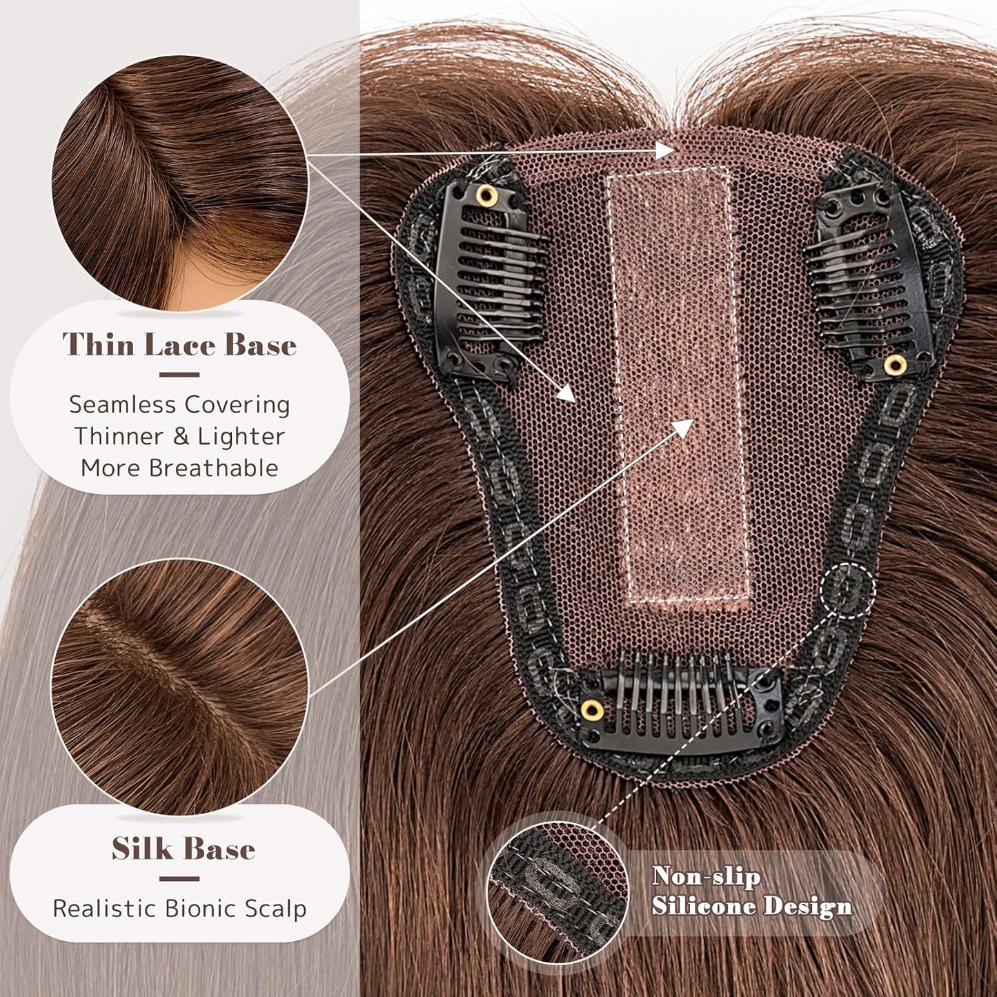 My-Lady - 12" Medium Brown Human Hair Topper for Women with Thinning Hair