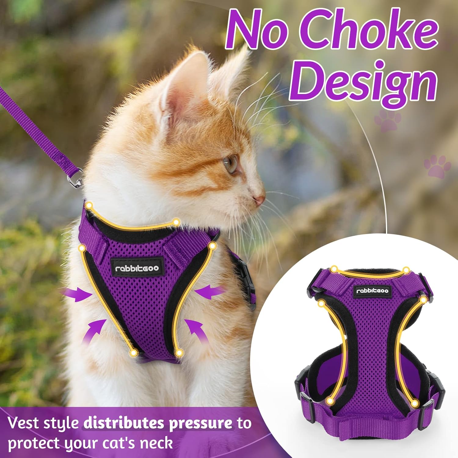 Globegou Co., Ltd. - Rabbitgoo Cat Harness And Leash, Escape Proof, Adjustable, Purple, XS