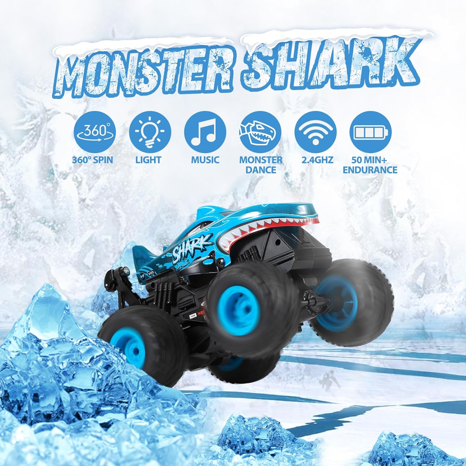 Dyodyorc - 2.4Ghz All Terrain Shark Monster Truck Rc Car With Music And Lights (Blue)