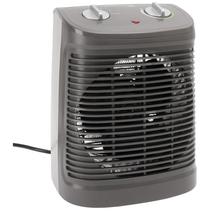 Image of a gray indoor heating device with overheating protection feature, designed for spaces up to 15 m². The device is lightweight and powered by a cable.