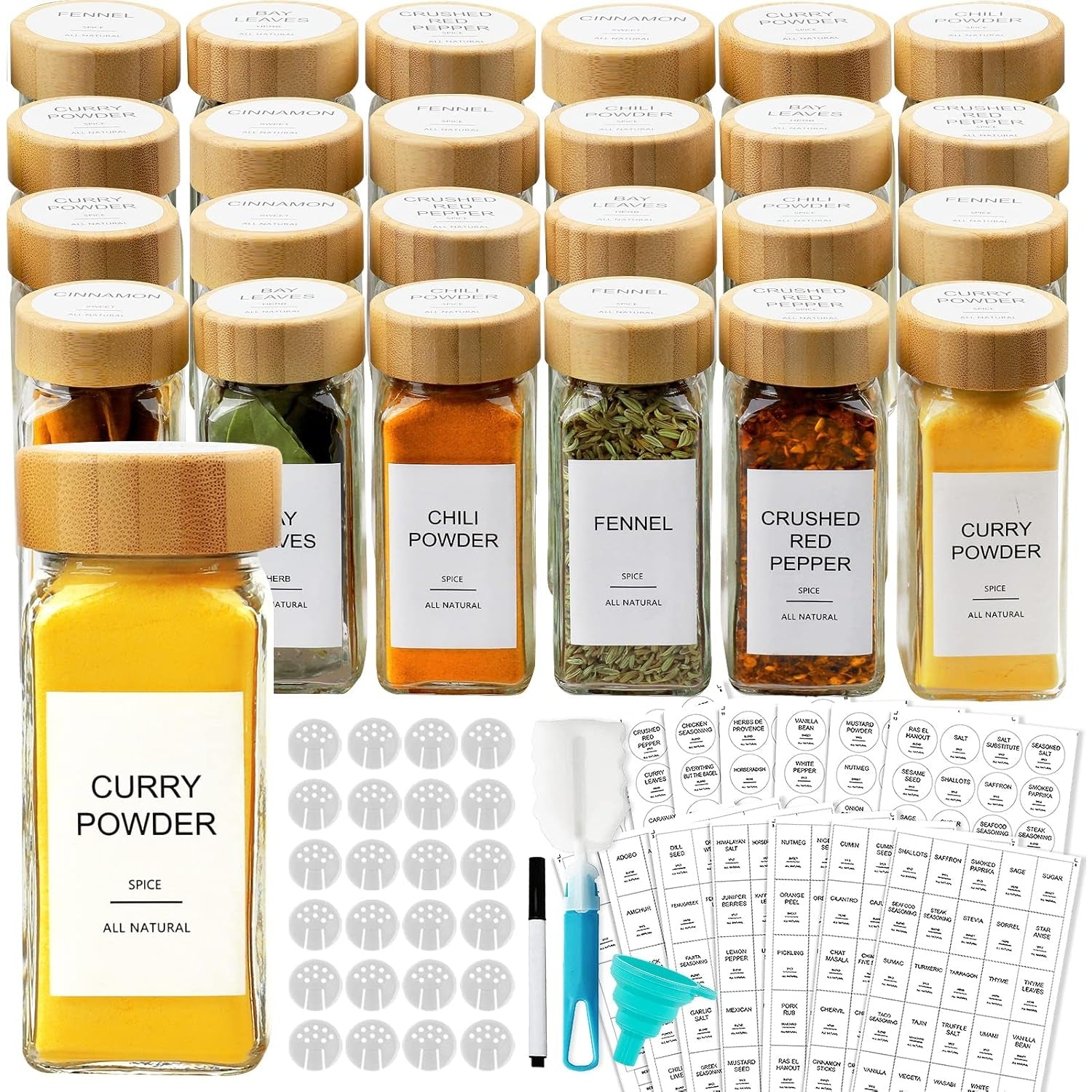 Aisiprin - 24 Pcs Glass Spice Jars With Bamboo Lids, Labels, Shaker Lids, Funnel