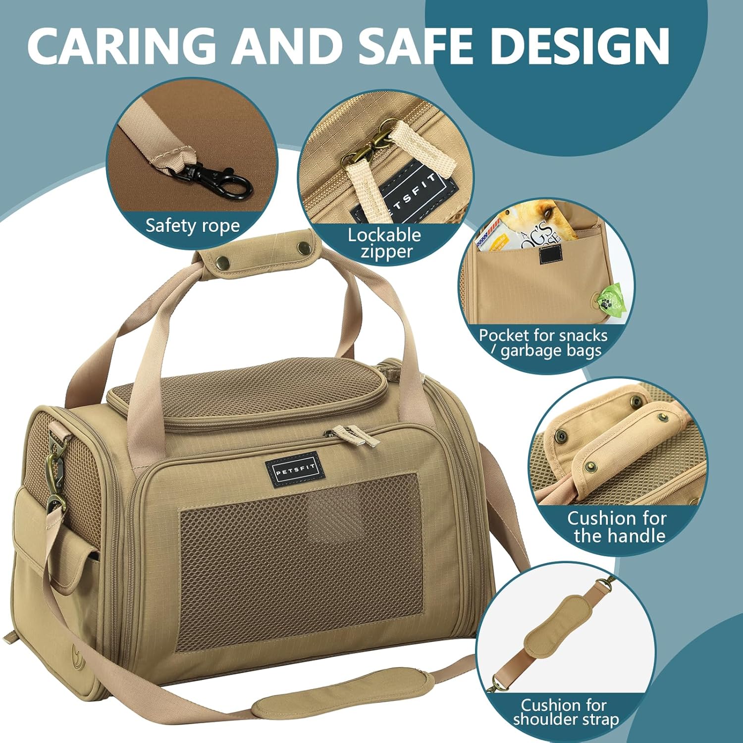 Petsfit - Airline Approved Cat & Dog Carrier, Lightweight, Soft-Sided, Khaki