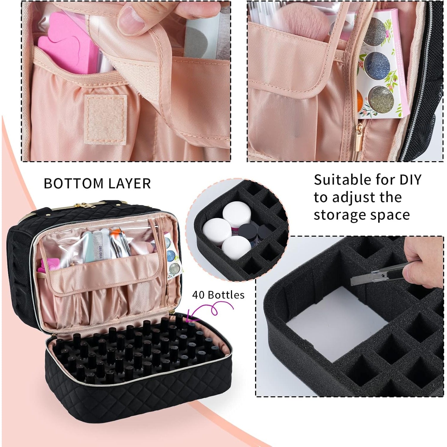 Dongguanshiluxinshenghuoyongpinyouxiangongsi - Nail Polish Organizer Bag for Lamp & 40 Bottles, Black