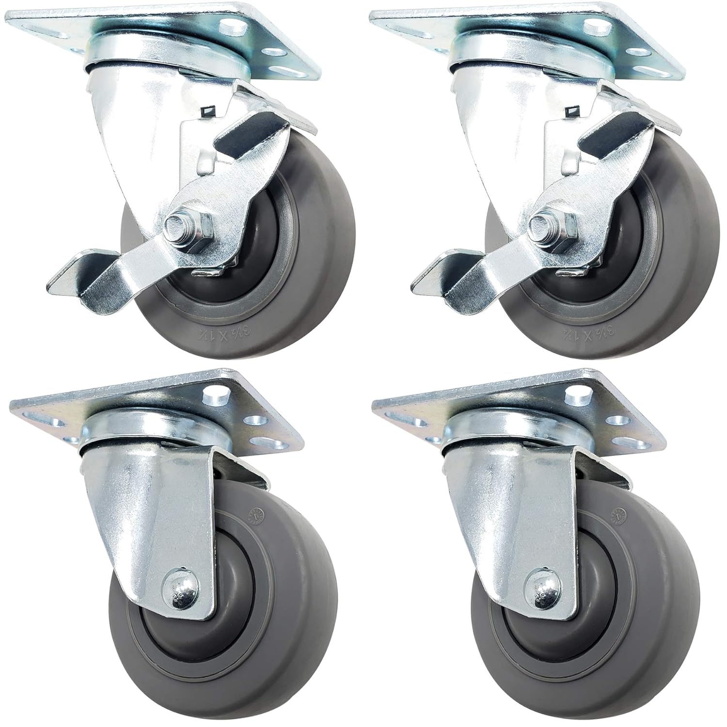 Icon Caster Wheels - 3.5" Grey Swivel Casters W/Brake, 1000 Lbs. Capacity (4-Pack)