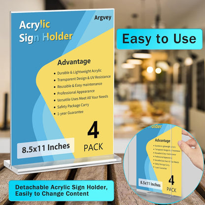 Argvey - 4-Pack Acrylic Sign Holder, 8.5 x 11 Inch Vertical T Shape Display Stand