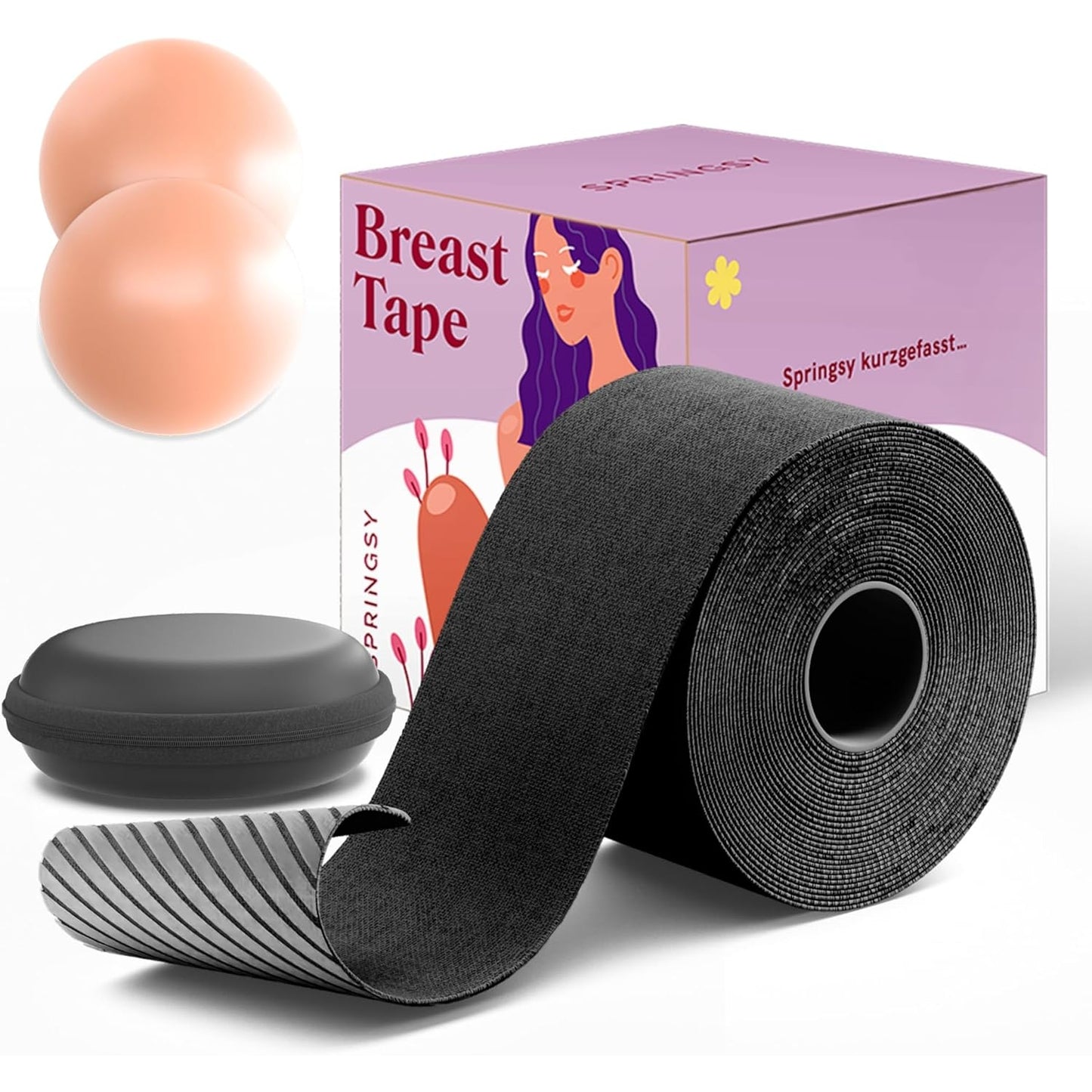 Springsy - Brust Tape Set With Nipple Pads And Cover, Reusable Push Up Fashion Tape