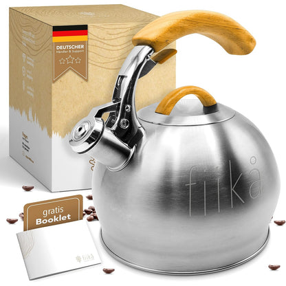 Fiika - Stainless Steel Whistling Kettle With Oak Handle, 2.5L