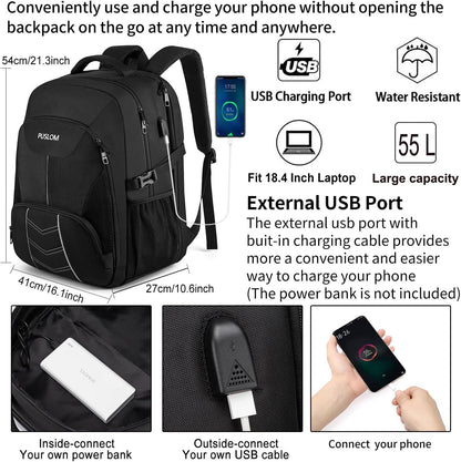 Puslom - Extra Large 55L Waterproof Laptop Backpack With USB Port