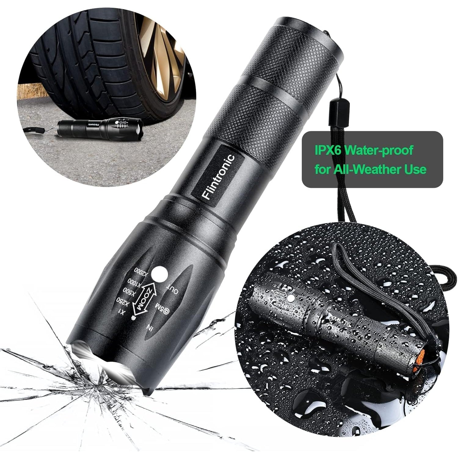 Flintronic - Led Rechargeable Torch, 2Pcs Cree T6 1000Lumens, Zoomable Mini IPX6 Waterproof