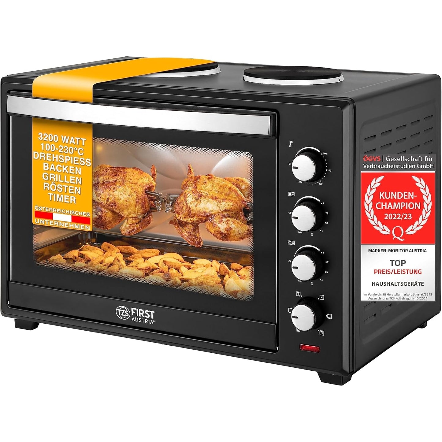 First Austria - 60L Convection Oven With Light & 2 Hot Plates 3400W