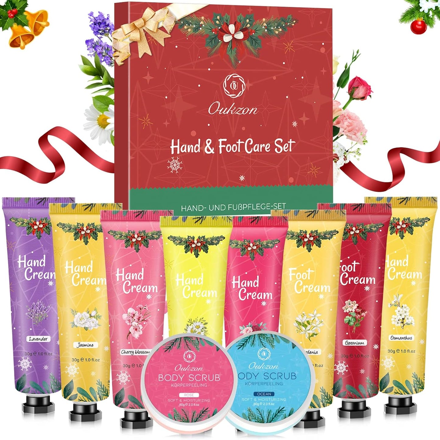 Oukzon - Hand Cream Gift Set: 10 Mini Creams, Foot Cream, Body Scrub