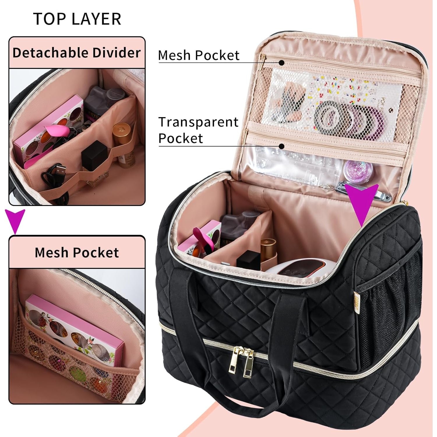 Dongguanshiluxinshenghuoyongpinyouxiangongsi - Nail Polish Organizer Bag for Lamp & 40 Bottles, Black