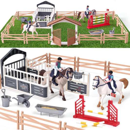 G.C - Horse Stable Figurine Playset 47 Pcs With Rider Hurdle Fence