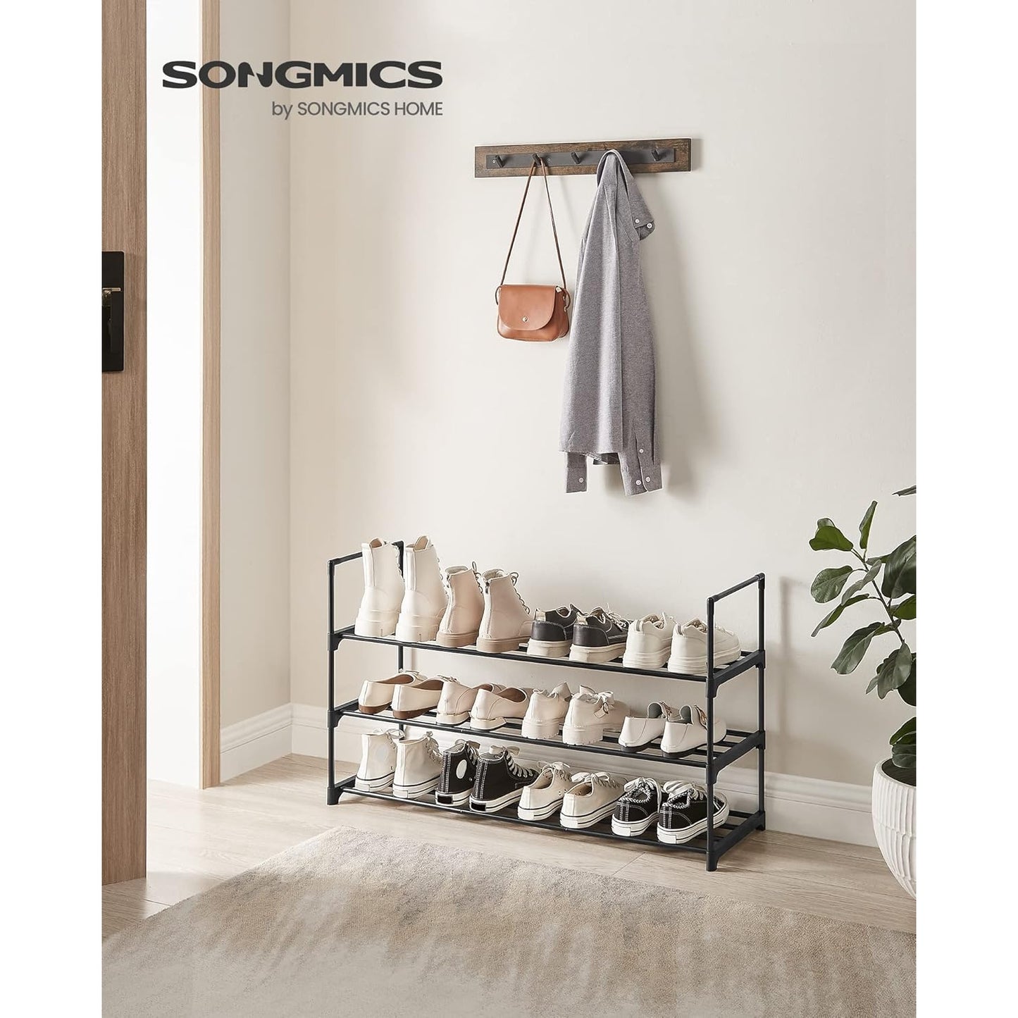 Songmics - 3-Tier Stackable Shoe Rack, Fits 12-15 Pairs, Black