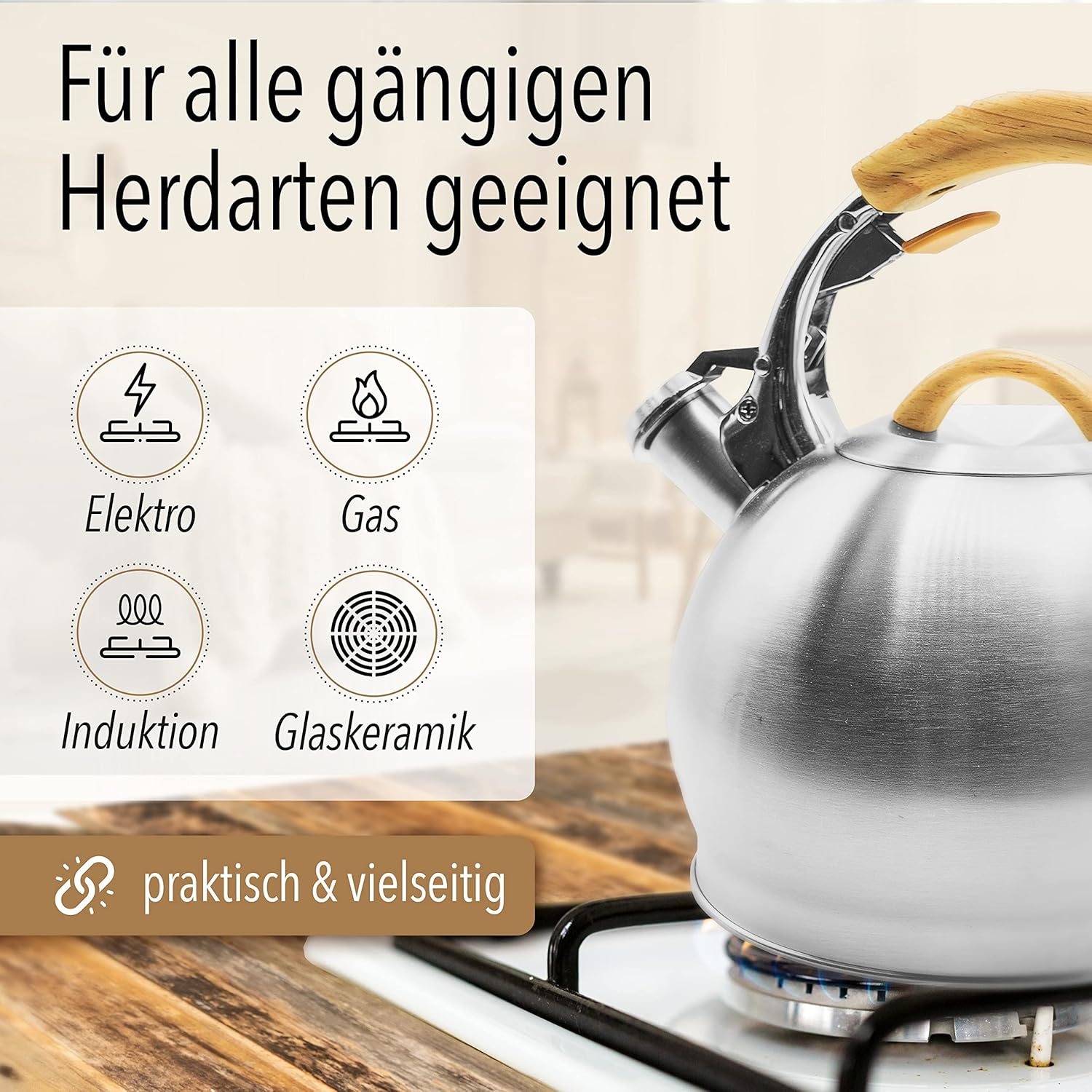 Fiika - Stainless Steel Whistling Kettle With Oak Handle, 2.5L