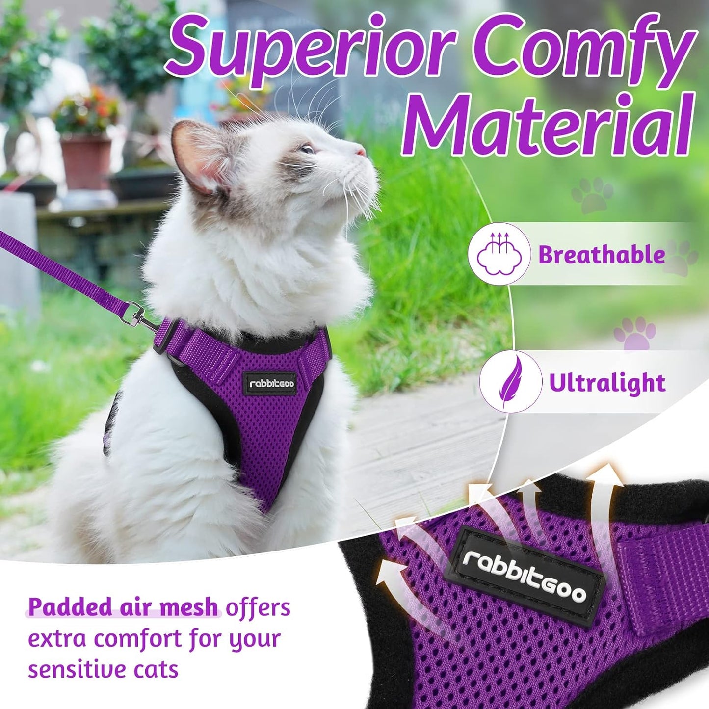 Globegou Co., Ltd. - Rabbitgoo Cat Harness And Leash, Escape Proof, Adjustable, Purple, XS