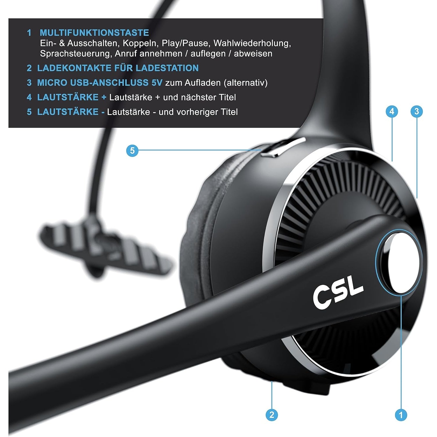 Csl-Computer - Bluetooth 5.0 Headset With Charging Station - Pc Headset With Mic