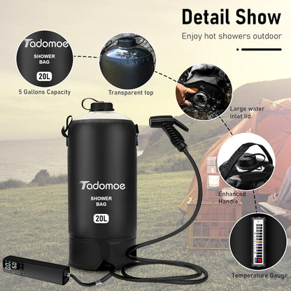 Tadomoe - Portable 5 Gallon Camping Shower Bag With Pump And Temperature Indicator