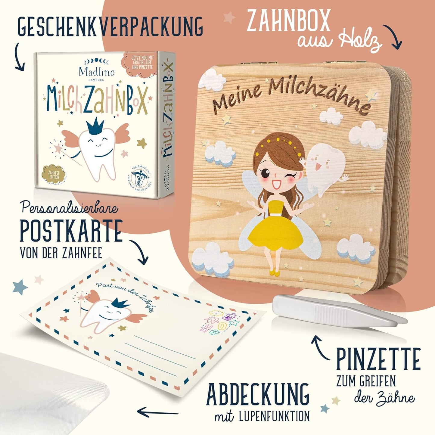 Madlino - Personalized Wooden Tooth Box With Tooth Fairy Letter & Magnifier