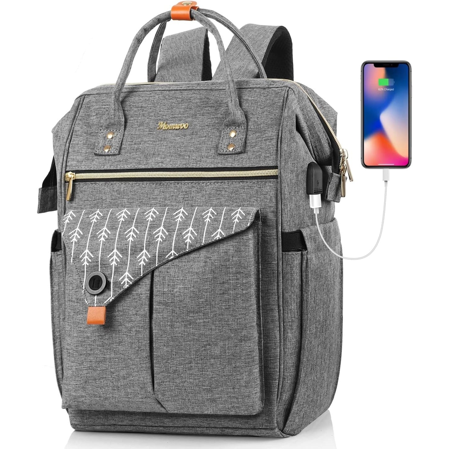 Momuvo - Women's Grey Laptop Backpack With USB Port, 17.3 Inch, 25L Capacity