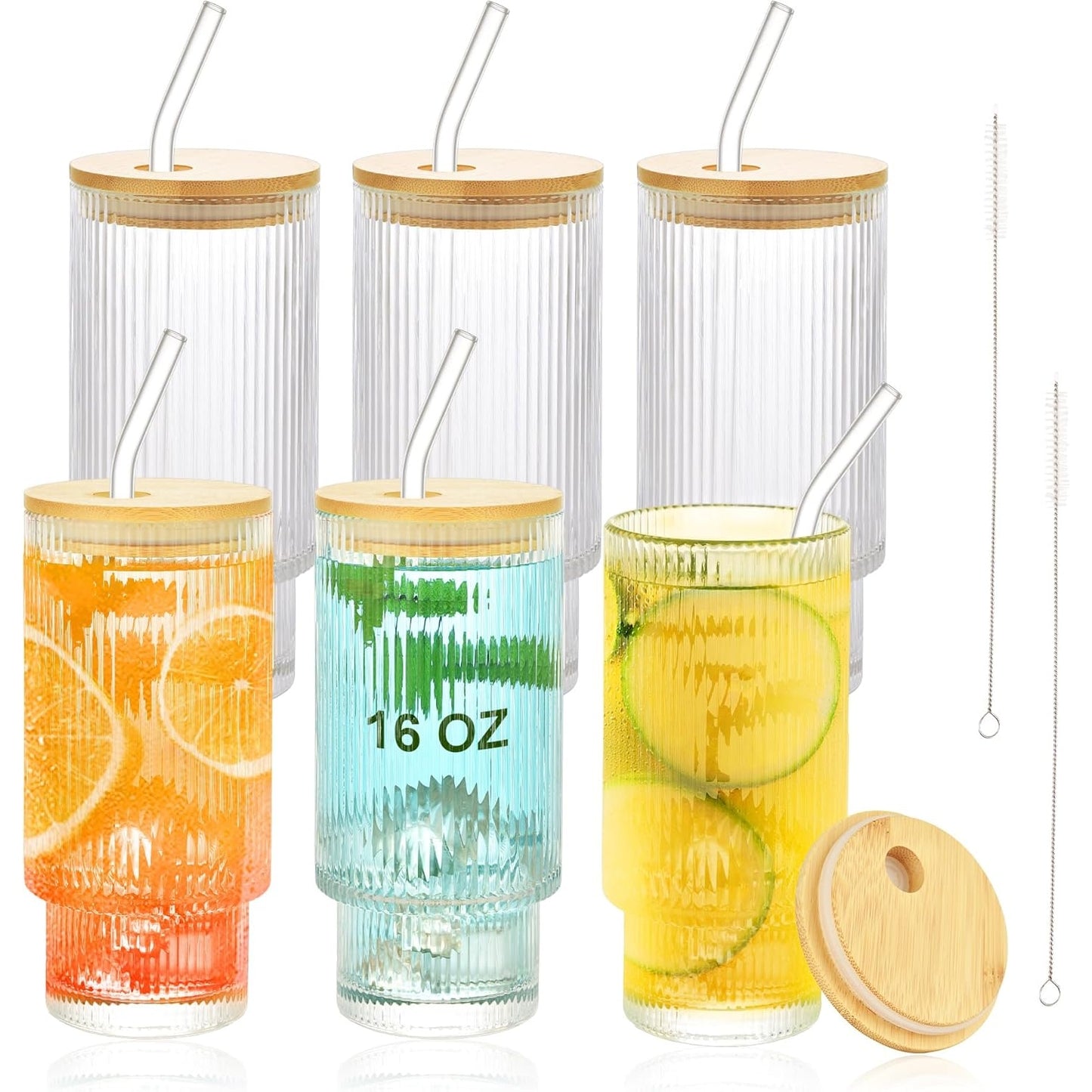 Ruckae - 6 Pcs Ribbed Glass Cups With Bamboo Lids & Straws, 16 Oz Vintage Tumblers