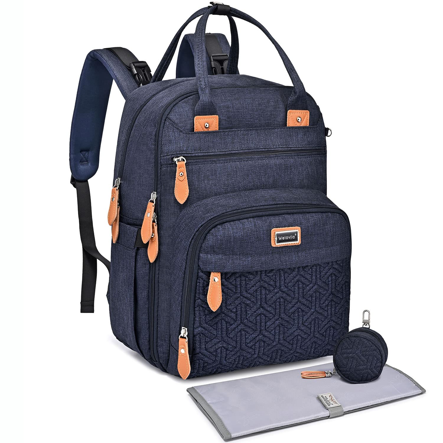 Welavila - Unisex Diaper Bag Backpack With Changing Pad, Insulated Pockets, Navy Blue