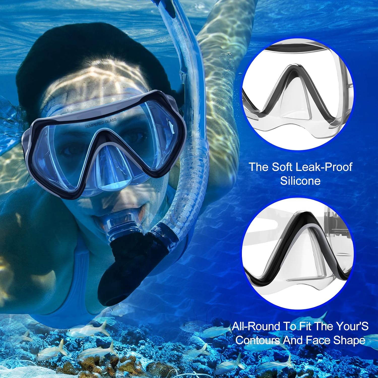 Micisty - Snorkel Diving Mask With Nose Cover Anti-Fog Tempered Glass