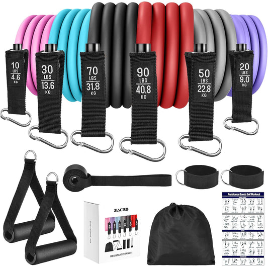 Multicolored Zacro resistance bands set featuring six bands with varying resistance levels from 10 lbs to 270 lbs, including handles, ankle straps, a door anchor, and a storage bag for versatile home or travel workouts.