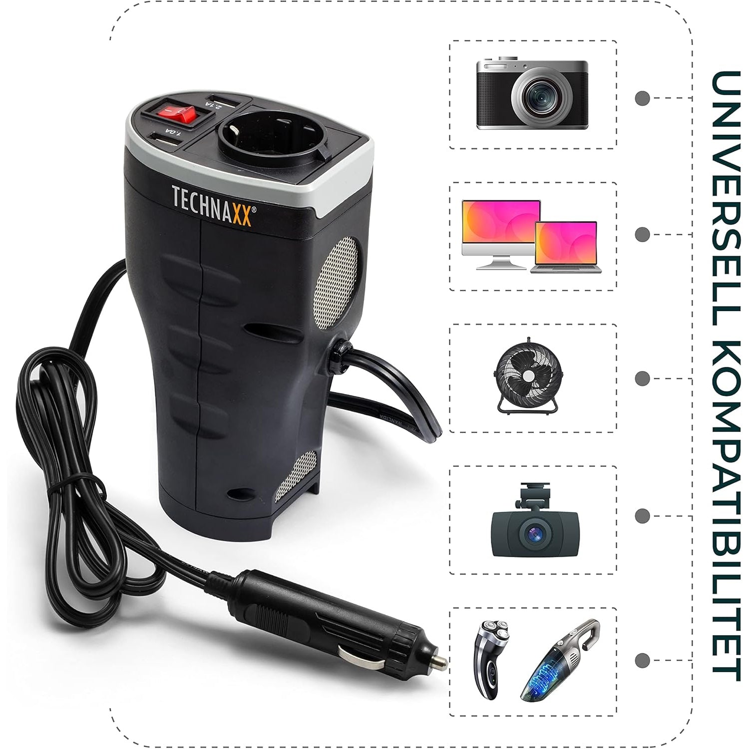 Technaxx - Car Power Inverter With 2 USB Ports And Safety Features