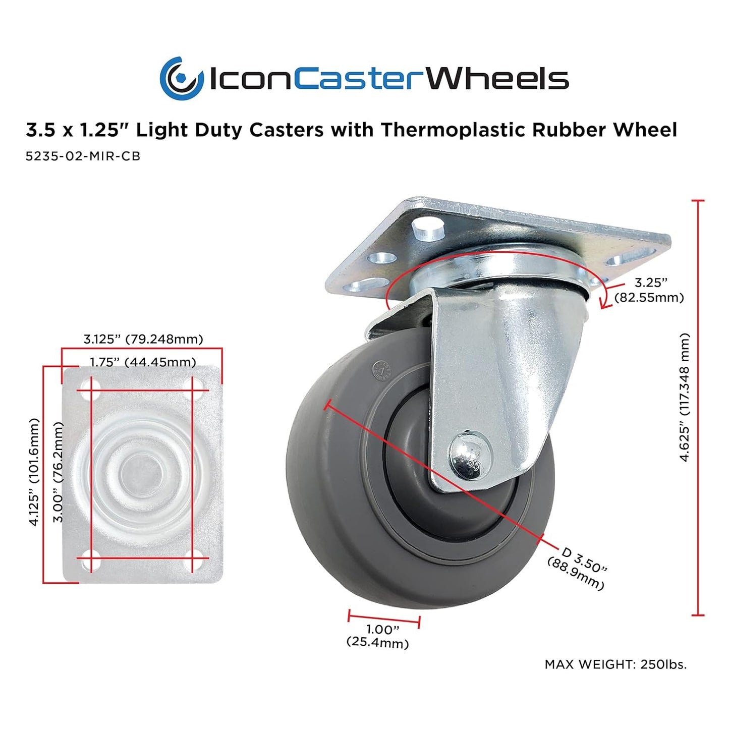 Icon Caster Wheels - 3.5" Grey Swivel Casters W/Brake, 1000 Lbs. Capacity (4-Pack)