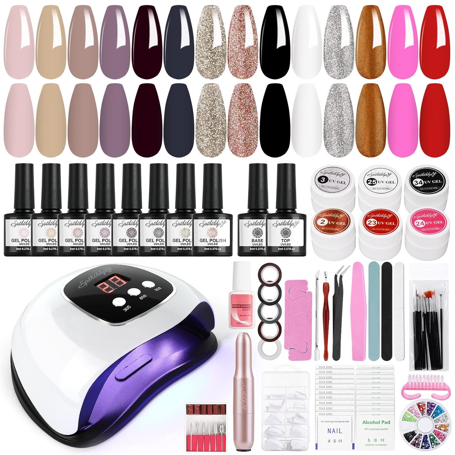 Spththhpy - Gel Nail Polish Starter Set With UV Lamp, 8 Colors, Base & Top Coat