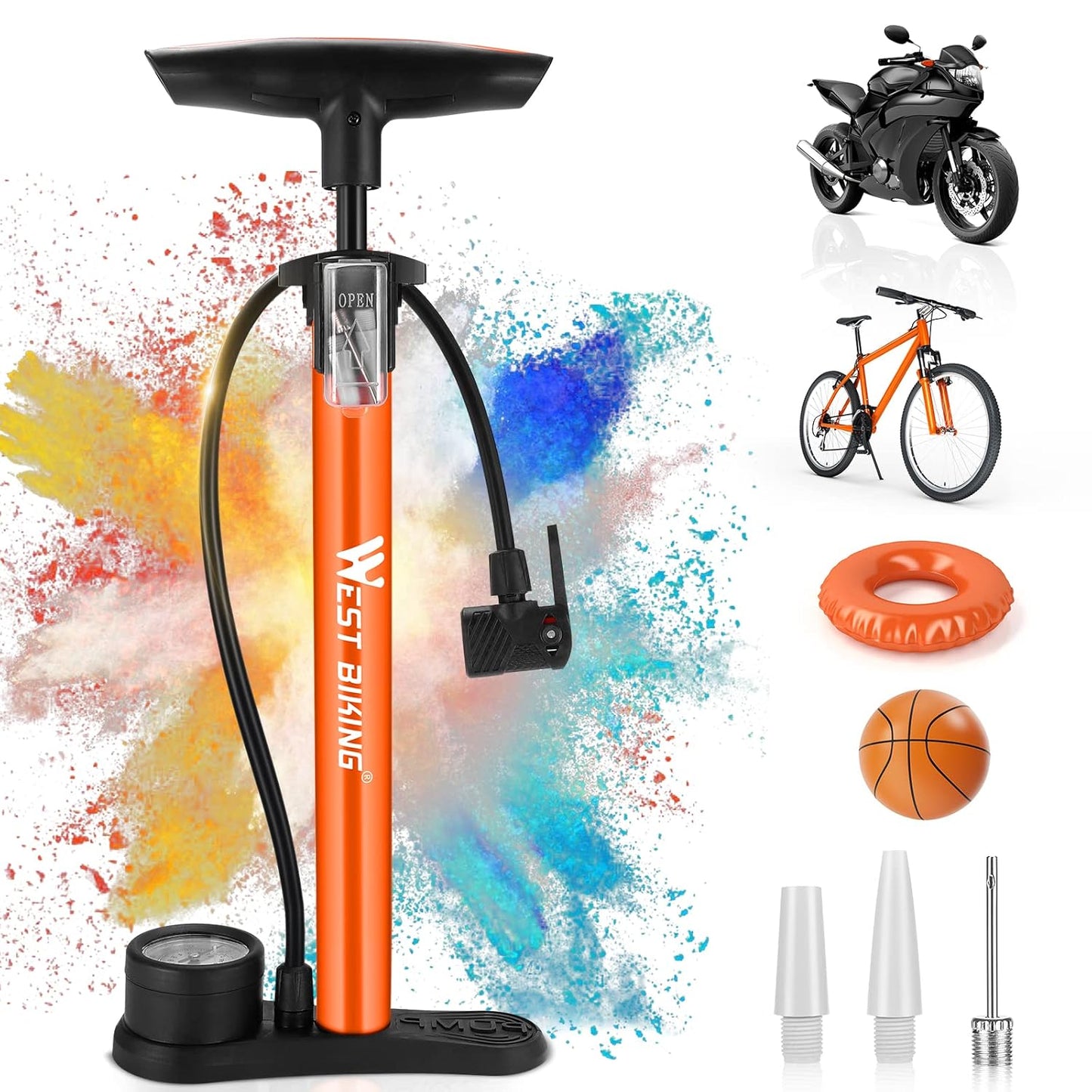 Compact orange aluminum bicycle mini floor pump by West Biking, designed for manual operation with a maximum pressure of 160 PSI, featuring dual valve compatibility for Presta and Schrader valves, an accurate pressure gauge, and durable construction suitable for various inflation needs.