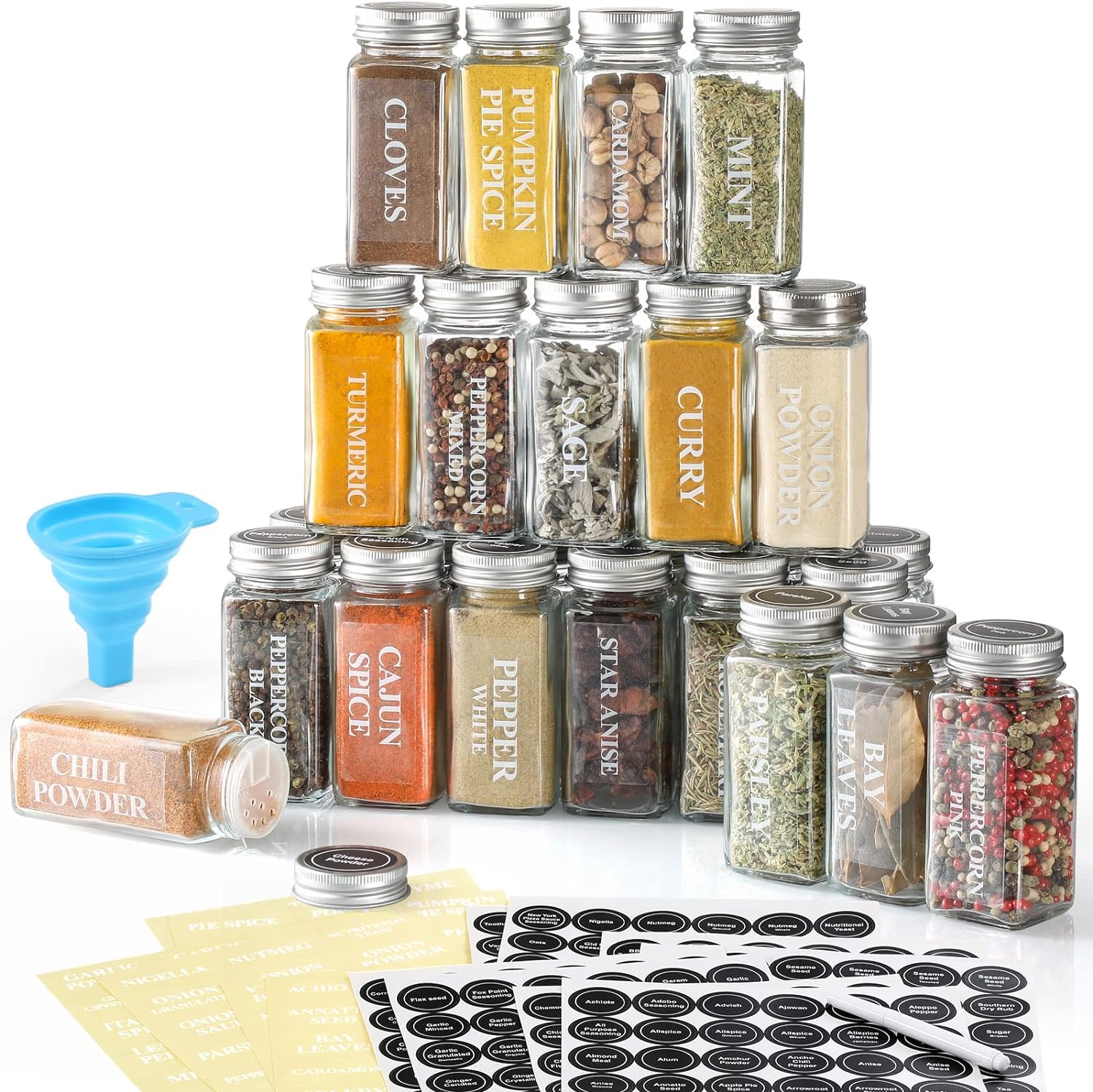 Aozita - 24 Pcs Glass Spice Jars With Labels, Shaker Lids, Airtight Caps, Funnel