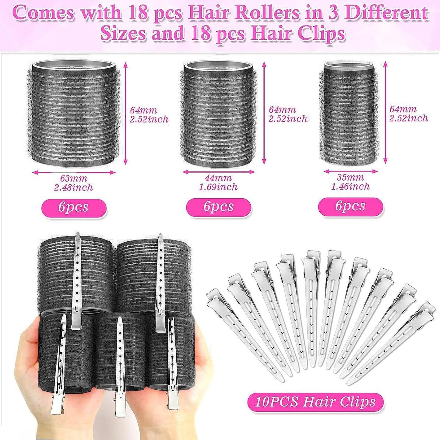 Genérico - Long Hair Curling Rollers Set, 18 No-Heat Hair Curlers With 10 Clips