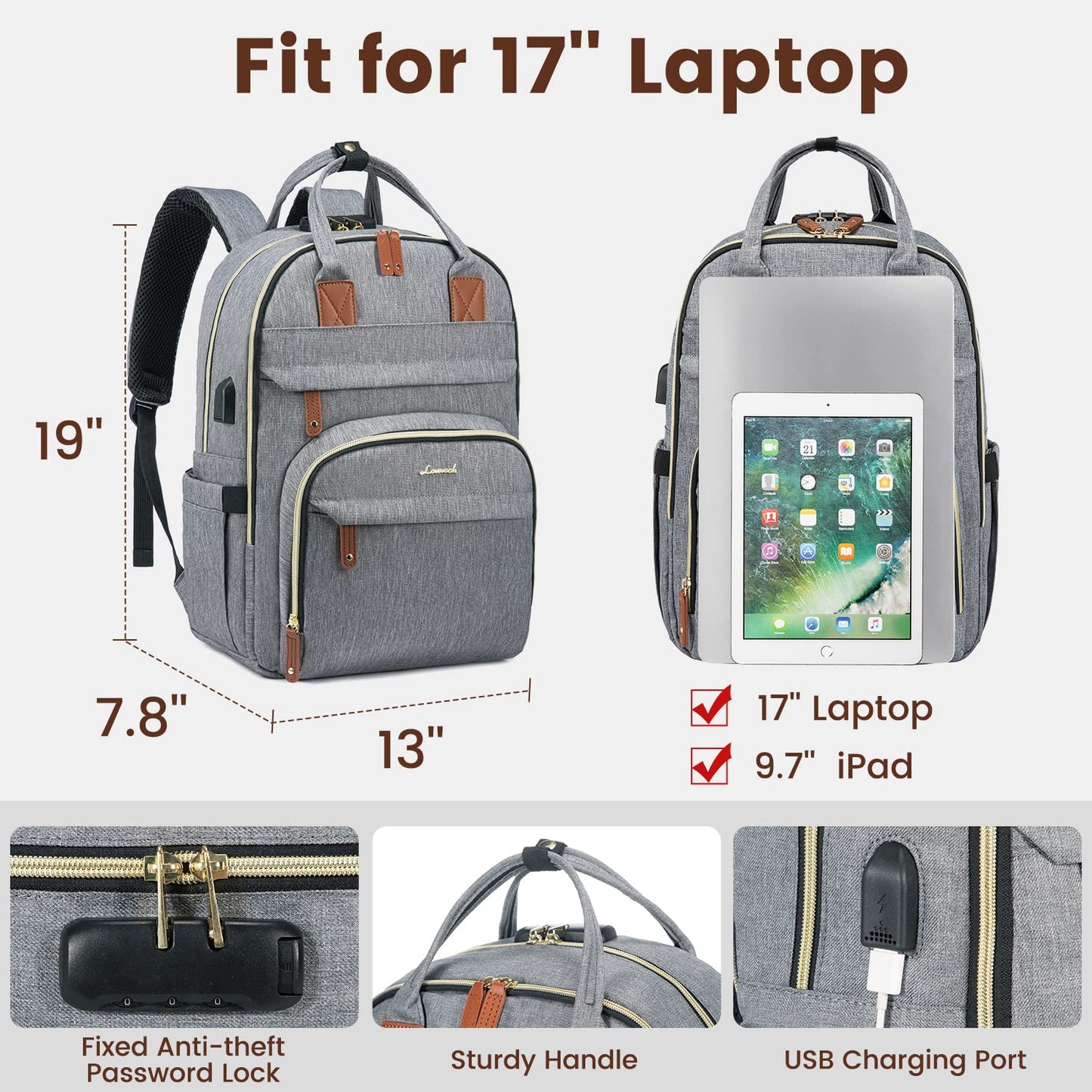 Lovevook - Laptop Backpack For Women & Men, Unisex Travel Anti-Theft Bag, 17 Inch, Grey