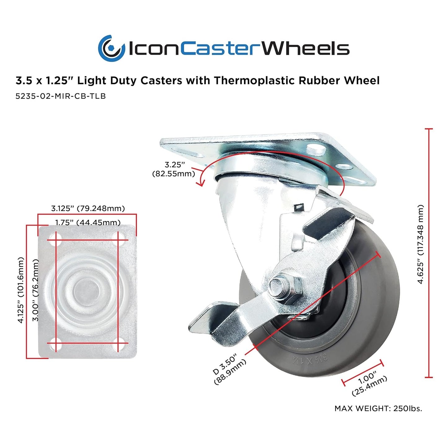 Icon Caster Wheels - 3.5" Grey Swivel Casters W/Brake, 1000 Lbs. Capacity (4-Pack)