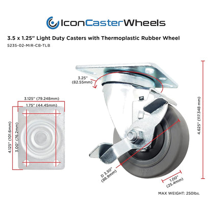 Icon Caster Wheels - 3.5" Grey Swivel Casters W/Brake, 1000 Lbs. Capacity (4-Pack)