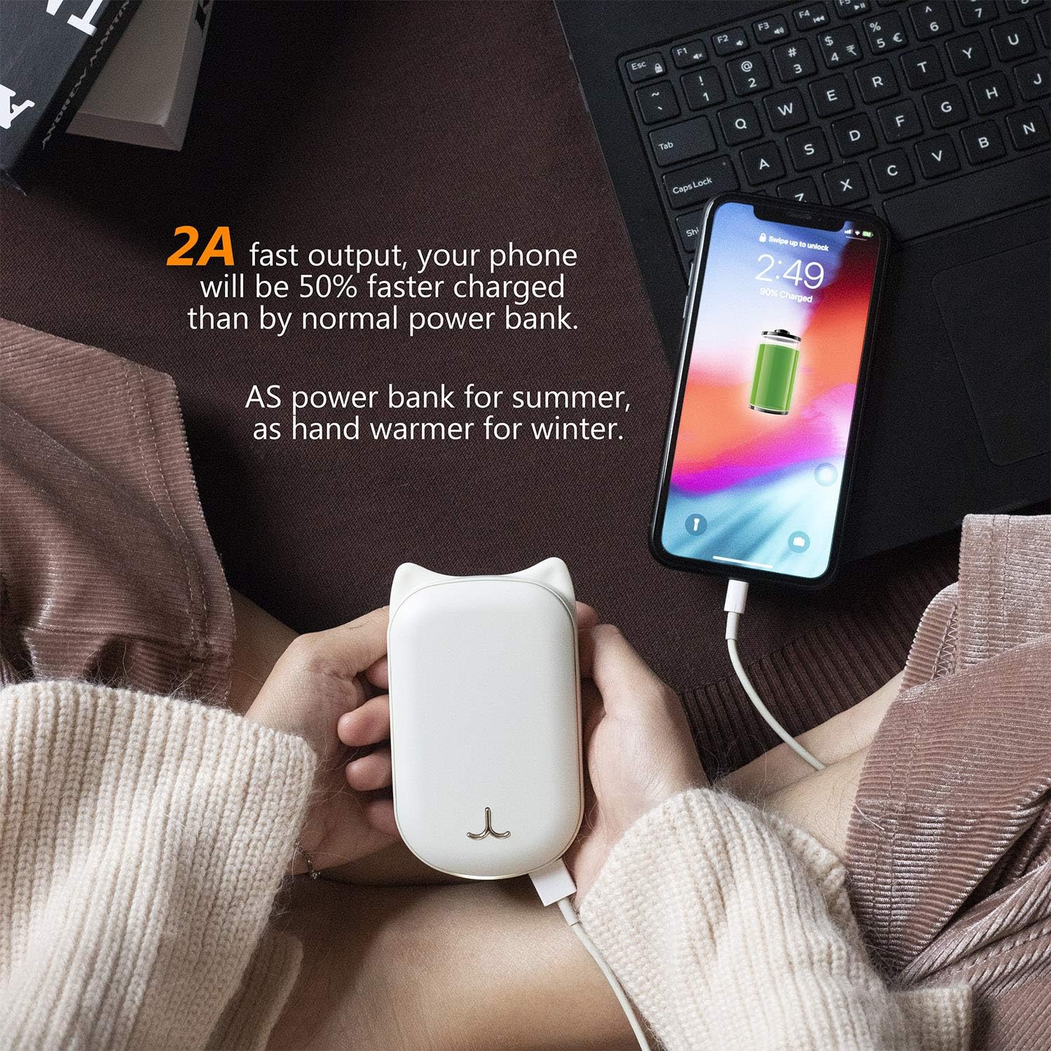 Cenxiny - Power Bank 6000mAh Rechargeable Hand Warmers, Double Side Heating, USB Reusable