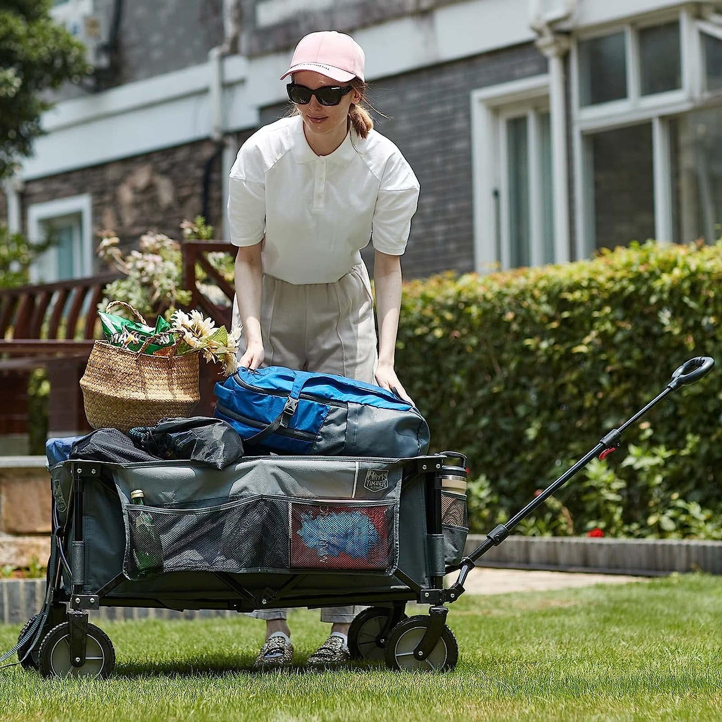 Timber Ridge - Collapsible Outdoor Folding Wagon Cart With Side Bag & Cup Holder